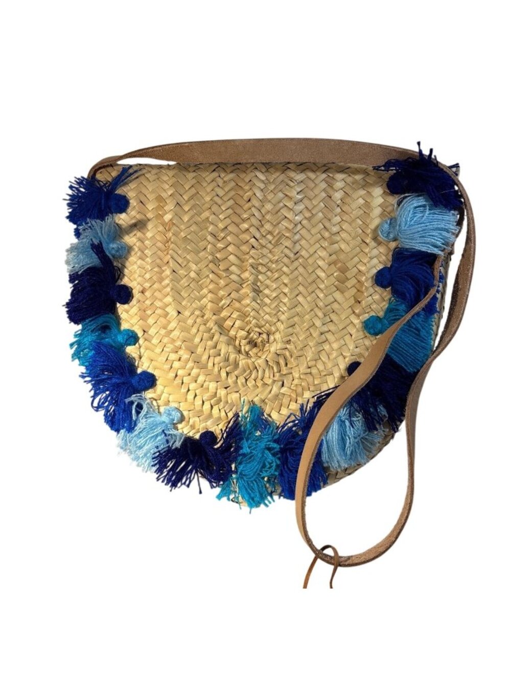 French Baskets Woven Straw Crossbody Bag With Blue Tassels Boho Leather Strap